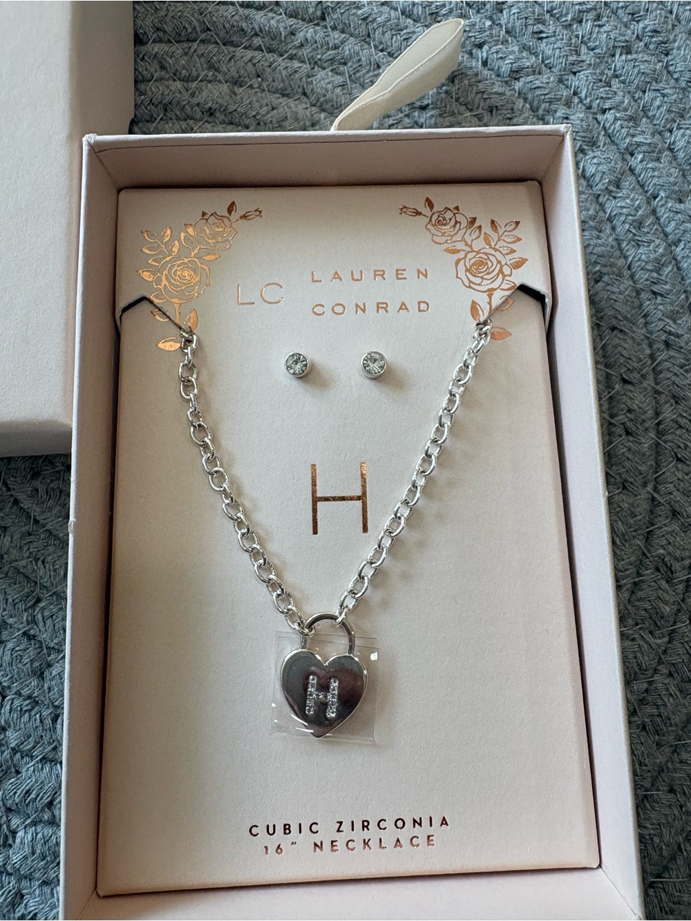 ⭐️ Initial H LC Silver Heart Necklace and CZ Stud Earrings by Lauren Conrad